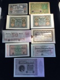 Set of 9 vintage, rare, and uncirculated German bank notes, including a 50,000,000 mark note