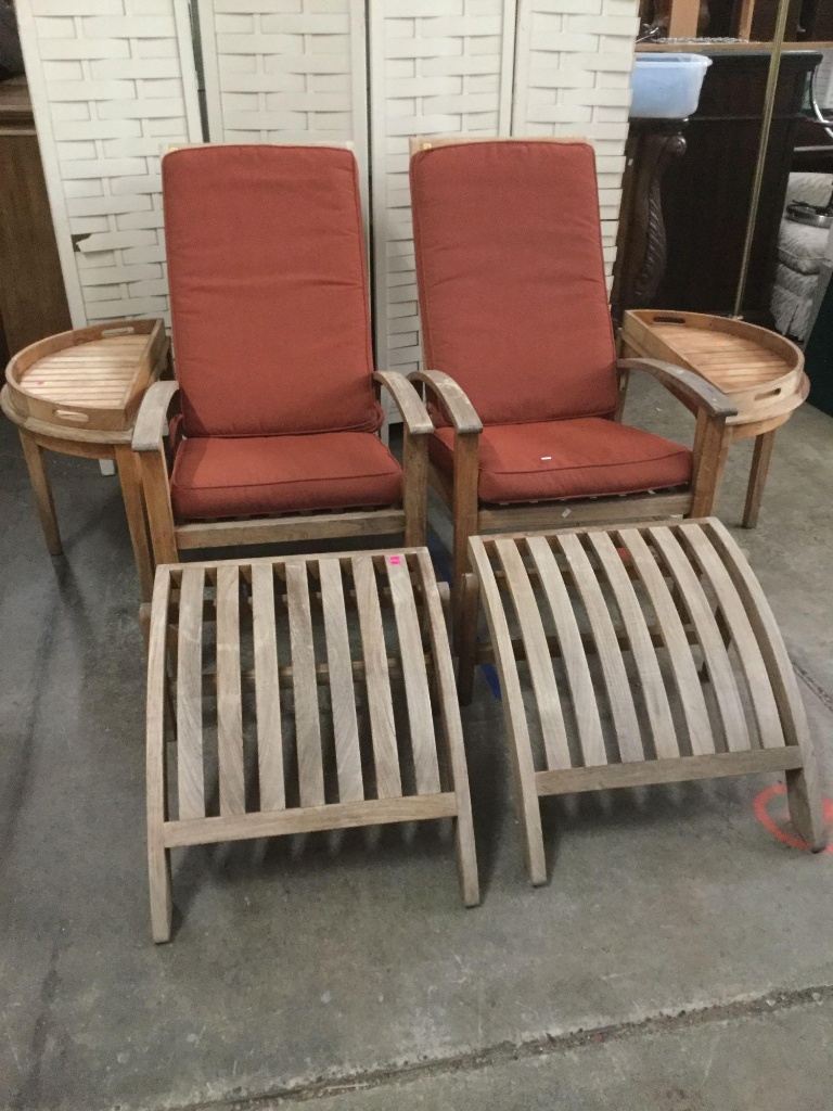 frontgate outdoor furniture on 2 Frontgate Reclining Wood Slat Outdoor Chairs With Stools And Side Tables Estate Personal Property Yard Garden Garage Patio Garden Furniture Decor Online Auctions Proxibid