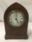 Vintage time/strike shelf clock with mahogany stained steeple case - has pendulum, no key