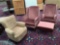 Pair of pink Posture built mid century wingback armchairs with ottoman and modern cushioned armchair