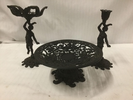 3x cast iron pc lot incl. 2 child and horn candleholders and decorative centerpiece tray