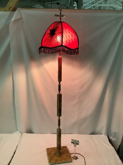 Vintage free standing art deco parlor lamp with marble and brass base/pole and fringe shade