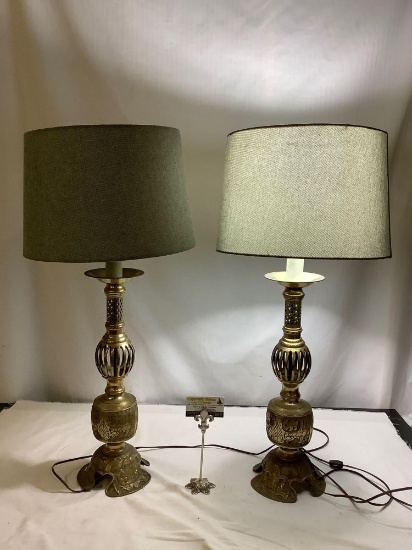 Pair of vintage table lamps with brass dual orb bases and cut out design - tested and working - one