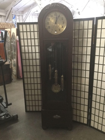 Antique brass face Dufa grandfather clock w/ hammered brass weights and oak case - circa 1910-1920