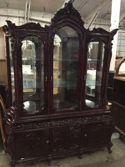 Cellini furn antique repro 2 pc lighted china cabinet w/ mirrored back and 6 glass shelves