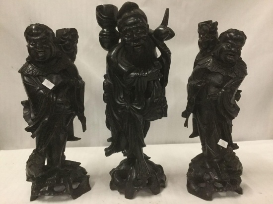 Set of 3 decorative carved Asian fisherman candleholders - some wear