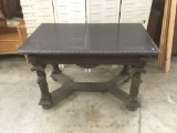 Antique ornate hand carved oak coffee table with carved figural legs as is fair to good cond