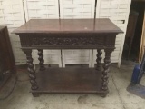 Antique Spanish hand carved barley twist leg end table with front side design - fair cond