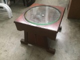 Thick glass top side table made from a Grigsby Grunow Majestic w/ console radio base