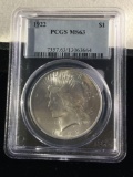 1922-P silver Peace dollar rated MS63 by PCGS