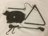 Lot of vintage metal items. Scale weight, triangle, and cow griddle - made in Japan