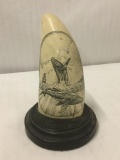 Carved Bone/Tusk with ornate whale scene - on stand