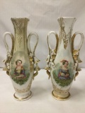 Pair of Gilt Trim Porcelain vases with handpainted Victorian portraits - one has chip as is see pics