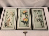 3 framed Asian watercolor paintings of flowers