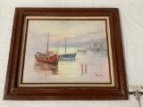 Vintage framed original harbor oil painting of boats, signed by artist Thompson