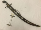 Vintage Eastern sword with Wooden Handle and Sheath with Brass and Mother of Pearl inlay