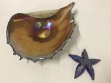 2 art glass pieces - handmade starfish and shell bowl with wonderful colors