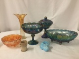 7 Pieces of Vintage Carnival Glass, some with makers marks - marigold, peacock, etc