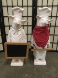 2 Plaster Chef Pig Statues, 1 with Blackboard - fun home decor