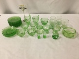 39 pieces of green vaseline glass. + 3 depression pcs - Glasses, teacups, small plates, ash trays