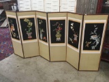 Vintage 6 panel Chinese room divider with scene of flower/plants - backside is ink drawn plants as