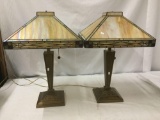 Pair of Matching Deco Table Lamps with Metal Bases w/ composite stained/slag glass shades