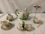 9 pc Franz porcelain tea and shakers set - Kathy Ireland Home - swan pattern - sugar bowl as is