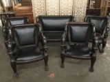 circa 1890's Antique French Empire 5 piece Couch w/2 chairs and 2 rockers black leather upholstery.