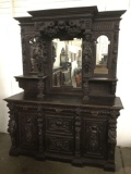 RARE Antique Black forest oak German buffet w/ornate hand carved detail of men/women, cherubs, lions