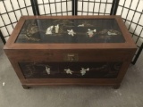 Modern Japanese wood chest with jade/shell carved figures and handpainted backgrounds - nice cond