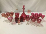 24 pc of etched Cranberry crystal glass - 2 decanters, goblets, glasses and cups