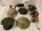 8 pc lot of WWII military dress caps, safari hat, Navy hat, camo metal helmet, etc see desc