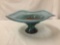 Handmade art glass wavy blue pedestal bowl