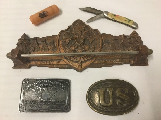 Boy Scouts of America Lot: Sewing Kit, Pocket Knife, Tie Rack, and 2 Belt Buckles