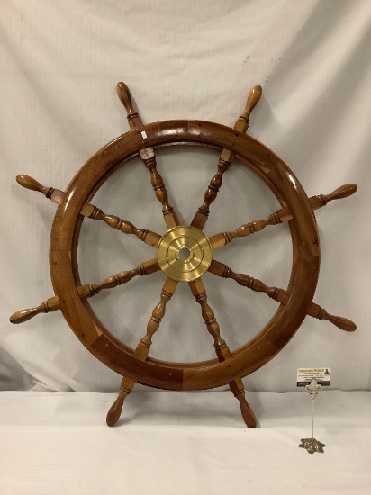 Large wood and brass ships steering wheel decor piece