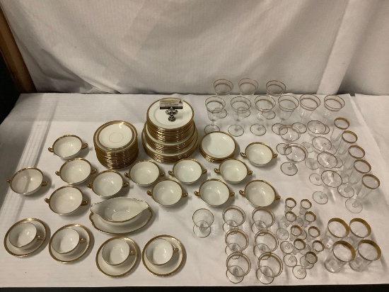 Collection of 102 pieces of Vignaud Limoges with matching glassware set, made in France