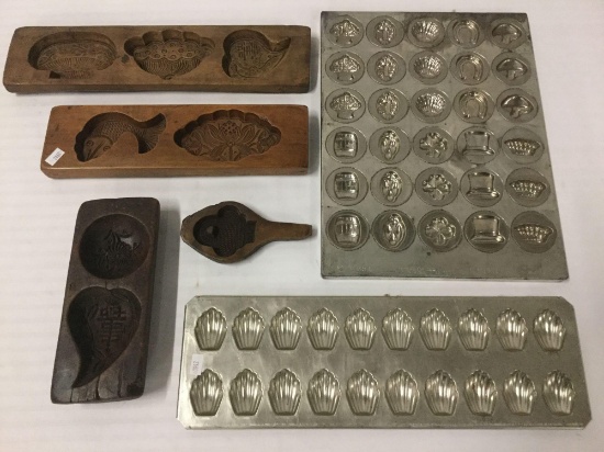 Vintage kitchen/baking lot - 4 carved butter molds, and 2 madeleine molds / cookie molds