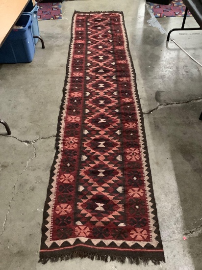 Modern woven wool runner rug with classic geometric design