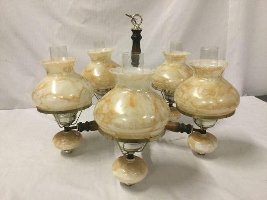 Vintage deco 5 shade chandelier with hurricane lamp style shades