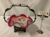 Antique Meriden wedding/brides handled bowl with silver plate stand and hand painted art glass bowl