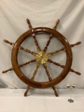 Large wood and brass ships steering wheel decor piece