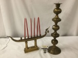 2 vintage brass candleholders/sticks - boat themed menorah & ornate tall candlestick