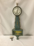 Antique Gilbert 8 day wall clock regulator with brass detail, eagle topper and sunset scene