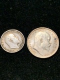 2X King Edward VII Silver Maundy pence, 1908 2d, 1908 4d