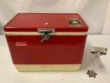Vintage red Coleman metal and plastic camping/picnic cooler