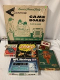 5 vintage board games / electronic handheld game; Carrom Game Board, Entex Baseballl, Spin- O etc