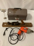 All American metal tool box, full of hand tools, Black and Decker drill w/ key & wood planer