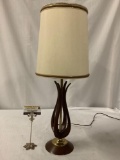 Vintage wood and brass base mid century lamp with shade - tested and working