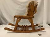 Children's wood rocking horse with leather bridle and yarn mane/tail