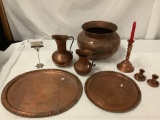 8 pc collection of antique copper decor incl. ewers, plates, etc